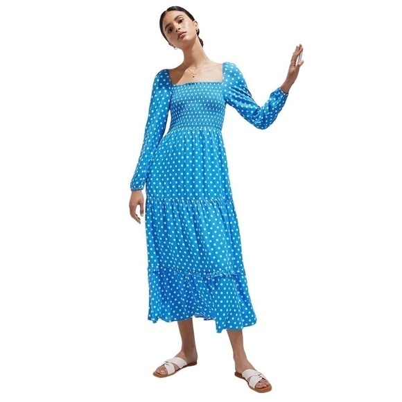 Anthropologie Dolan Blue & White Long Sleeve Polka Dot Midi Dress US XSP - Picture 1 of 12
